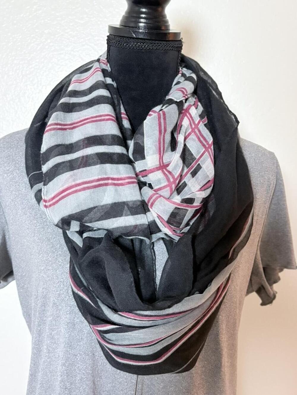 Black & Burgundy Plaid Stripe Infinity Scarf  100% Acrylic